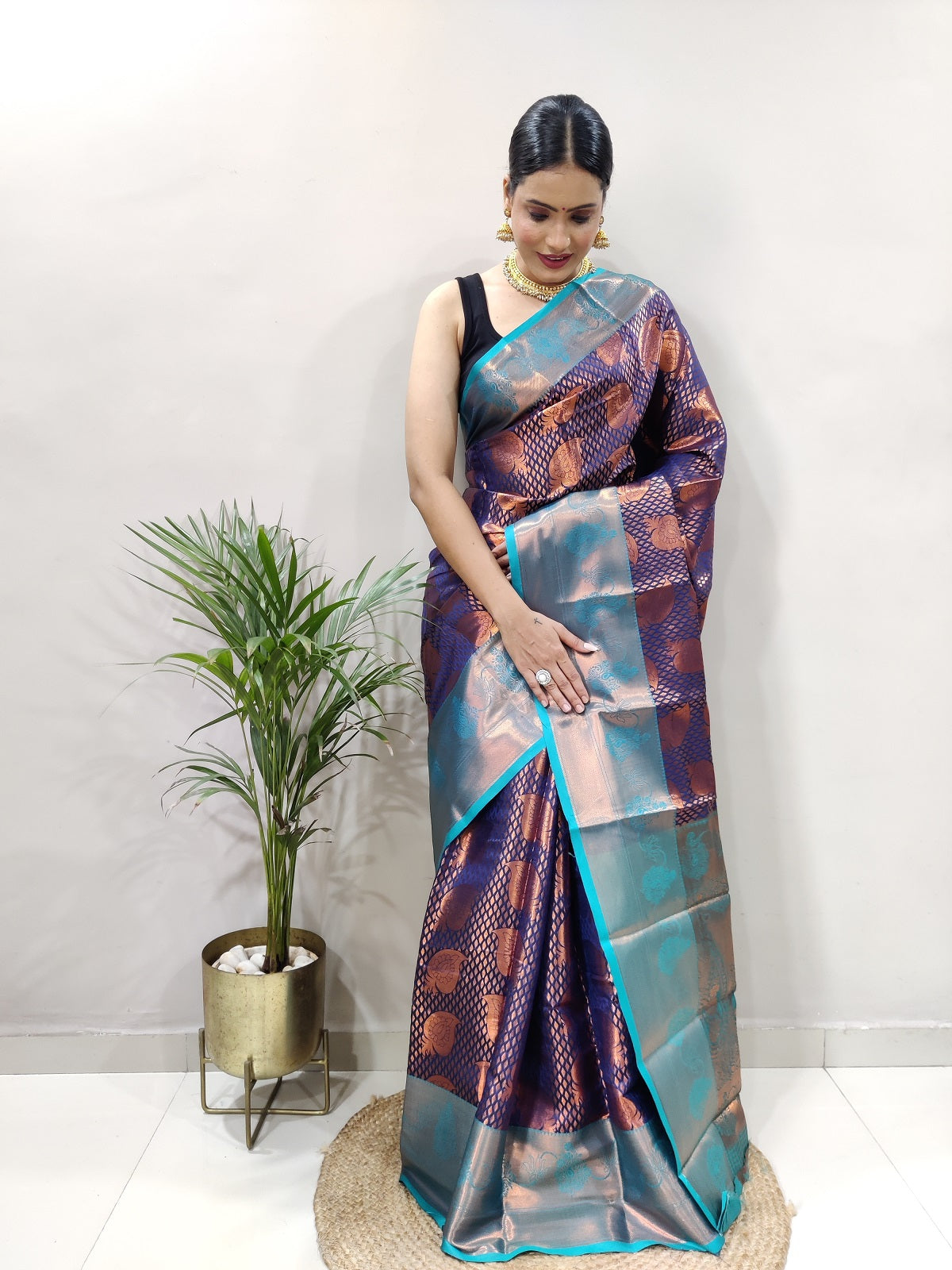 Navy Blue and Copper Vadii Kanjivaram Silk Saree