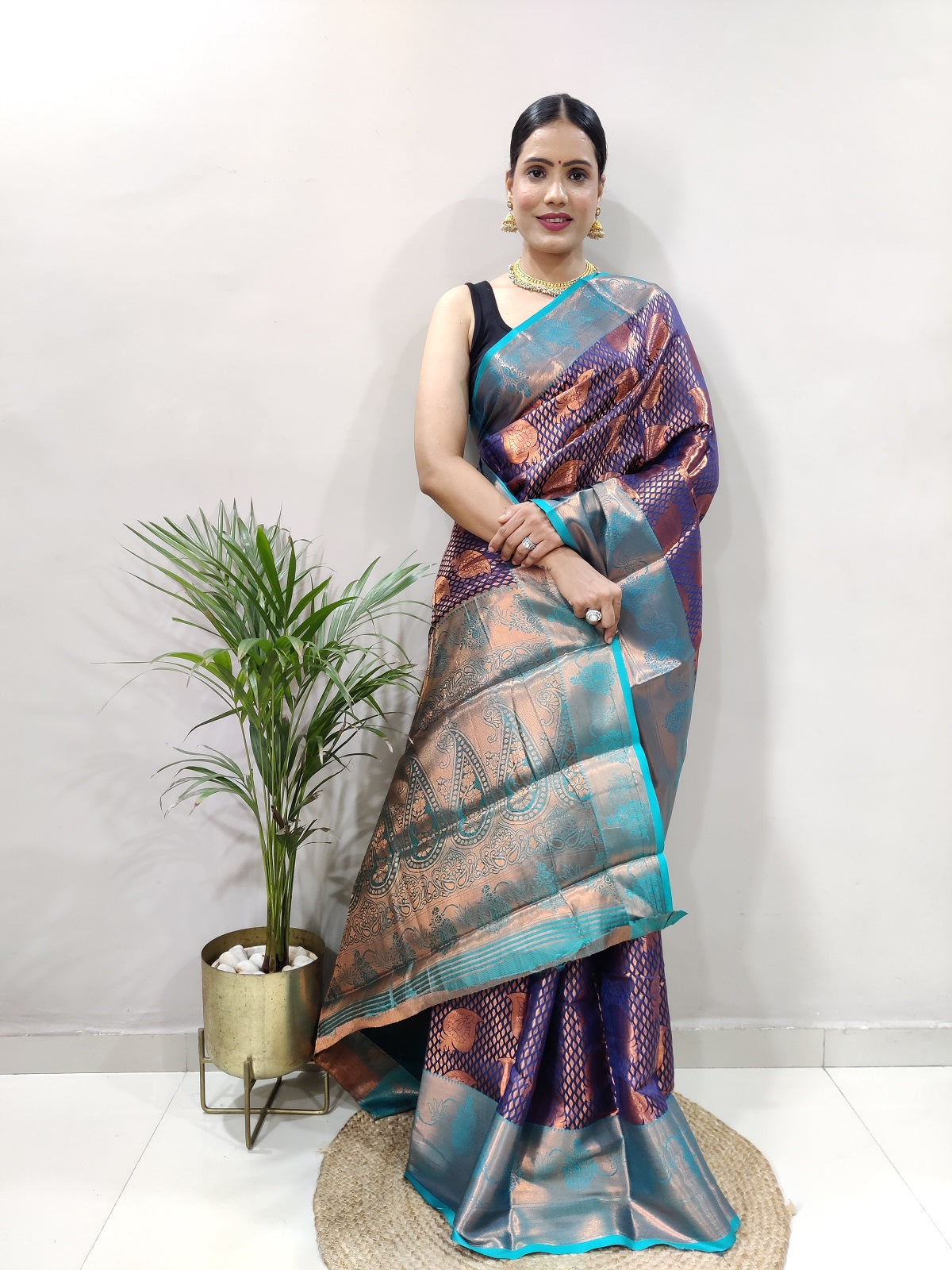 Navy Blue and Copper Vadii Kanjivaram Silk Saree