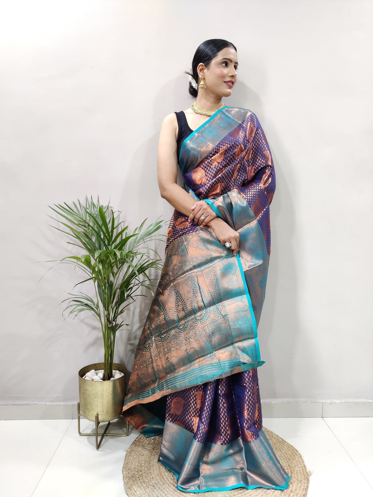 Navy Blue and Copper Vadii Kanjivaram Silk Saree