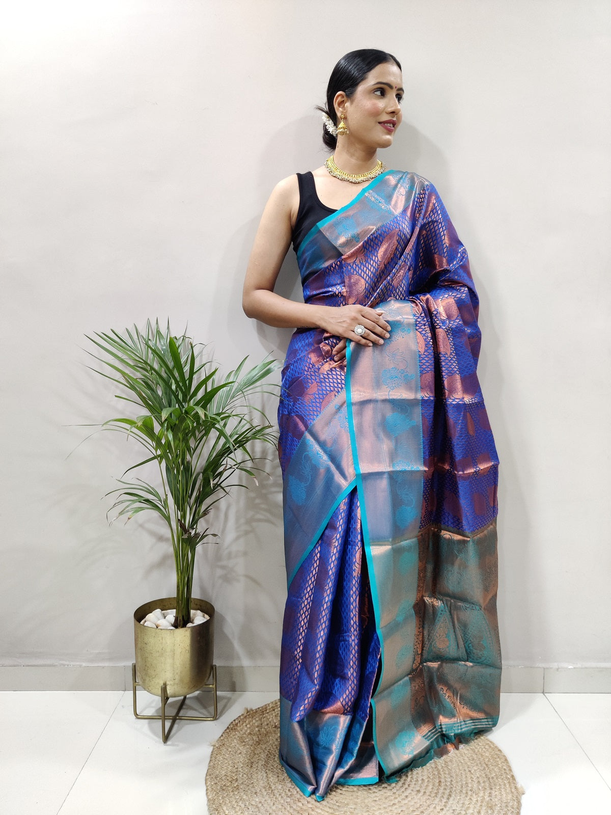 Royal Blue and Rama Copper Vadii Kanjivaram Silk Saree