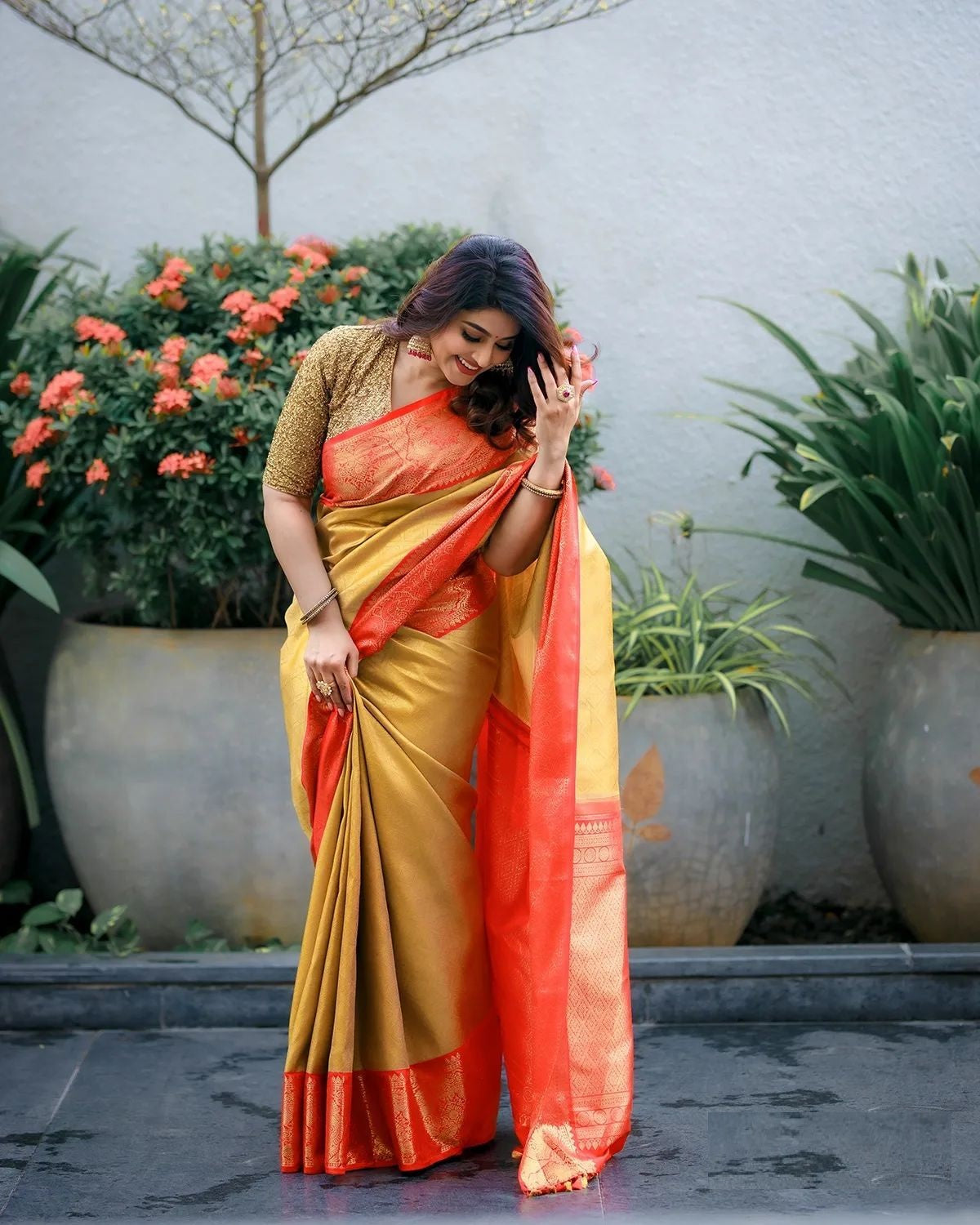 Yellow and Red Golden Design Vandita Dola Silk Saree