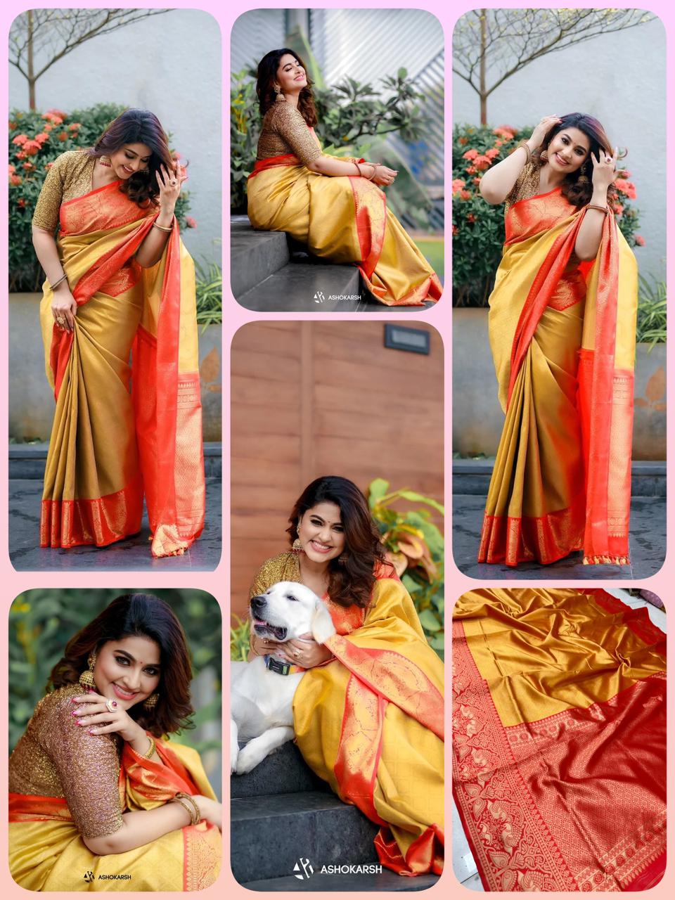 Yellow and Red Golden Design Vandita Dola Silk Saree