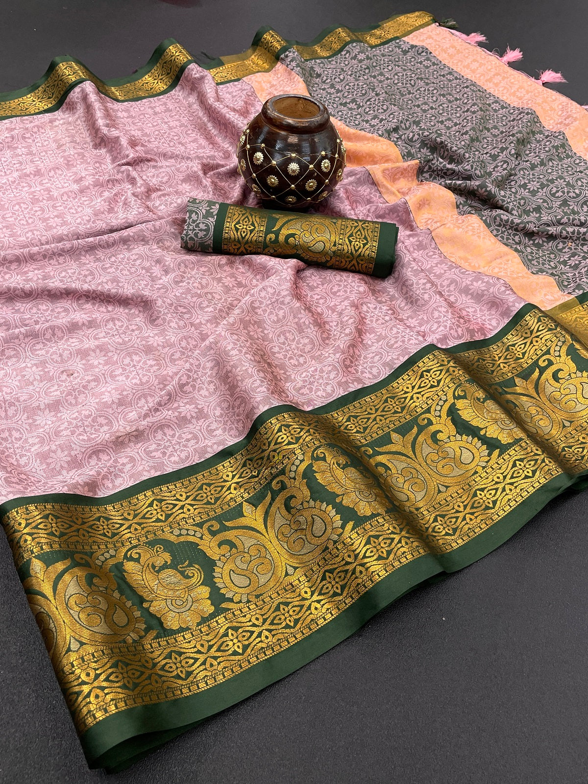 Baby Pink and Green Varuni Kanjivaram Silk Saree