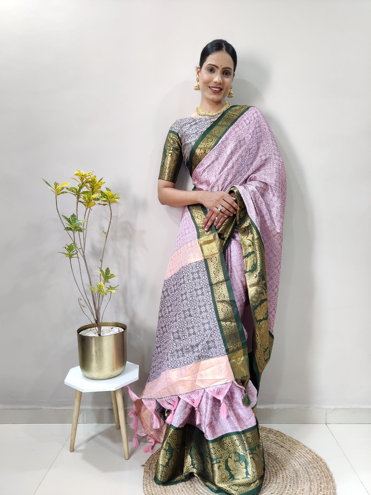 Baby Pink and Green Varuni Kanjivaram Silk Saree