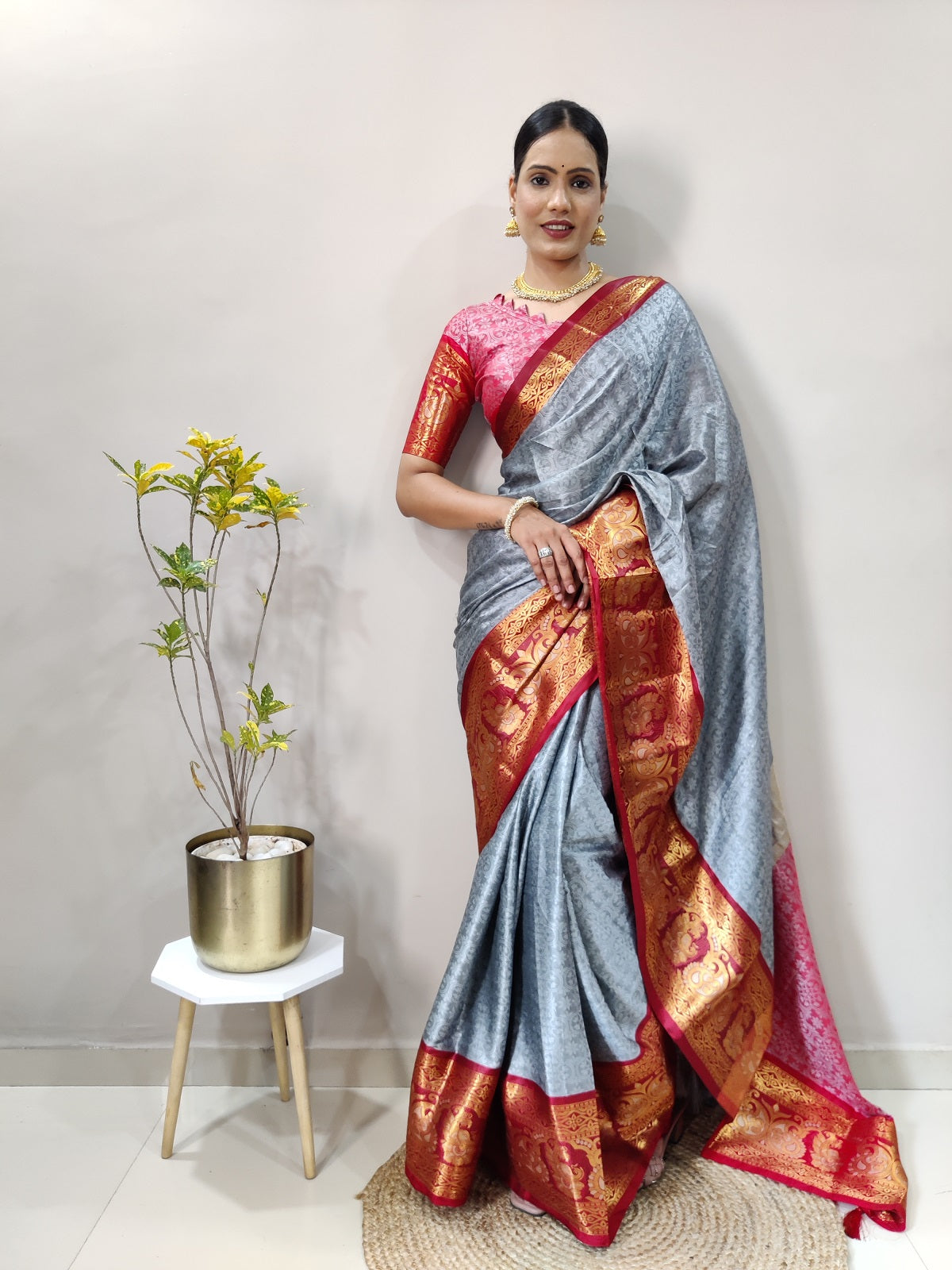 Red and Grey Varuni Kanjivaram Silk Saree