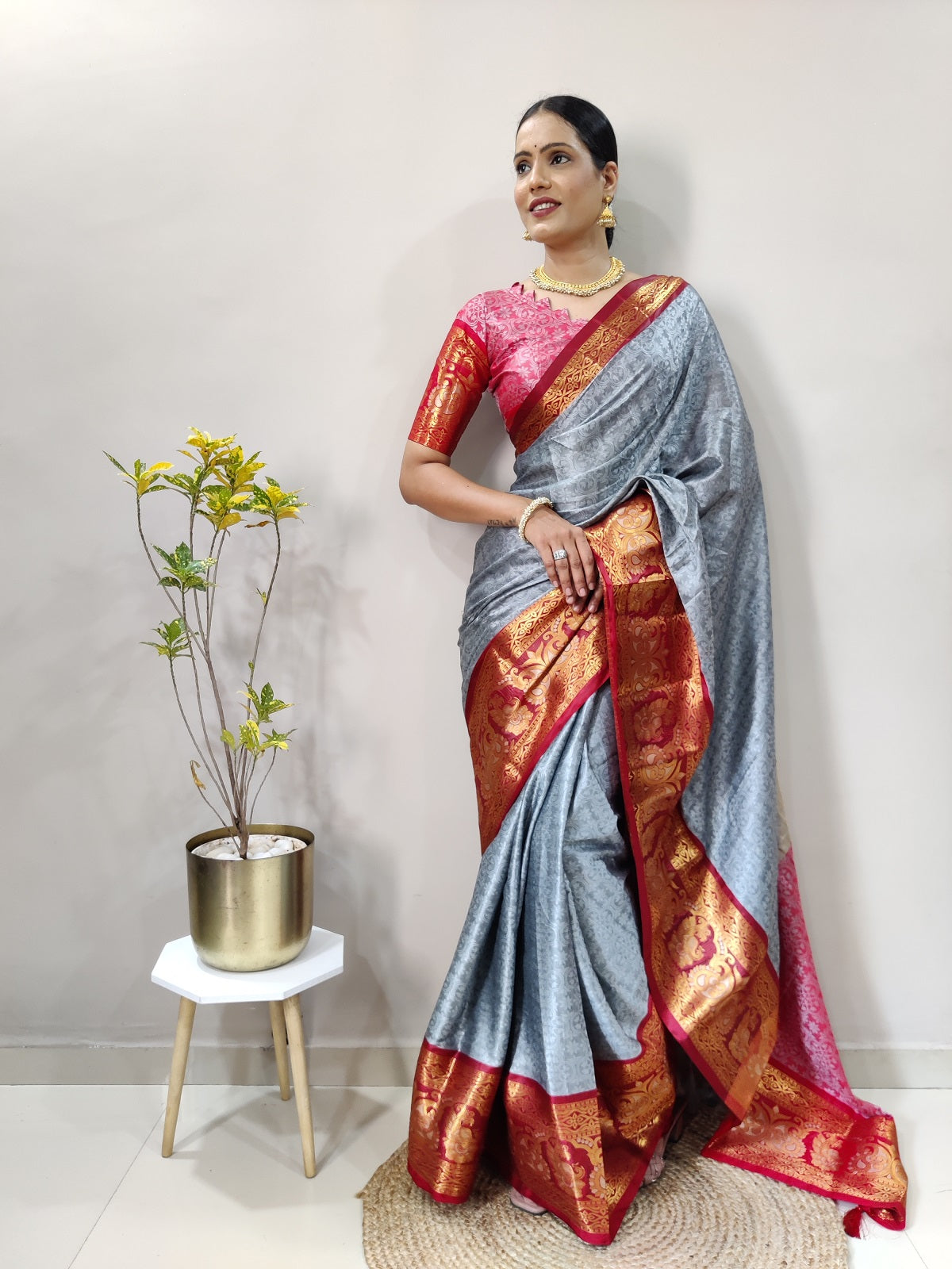 Red and Grey Varuni Kanjivaram Silk Saree