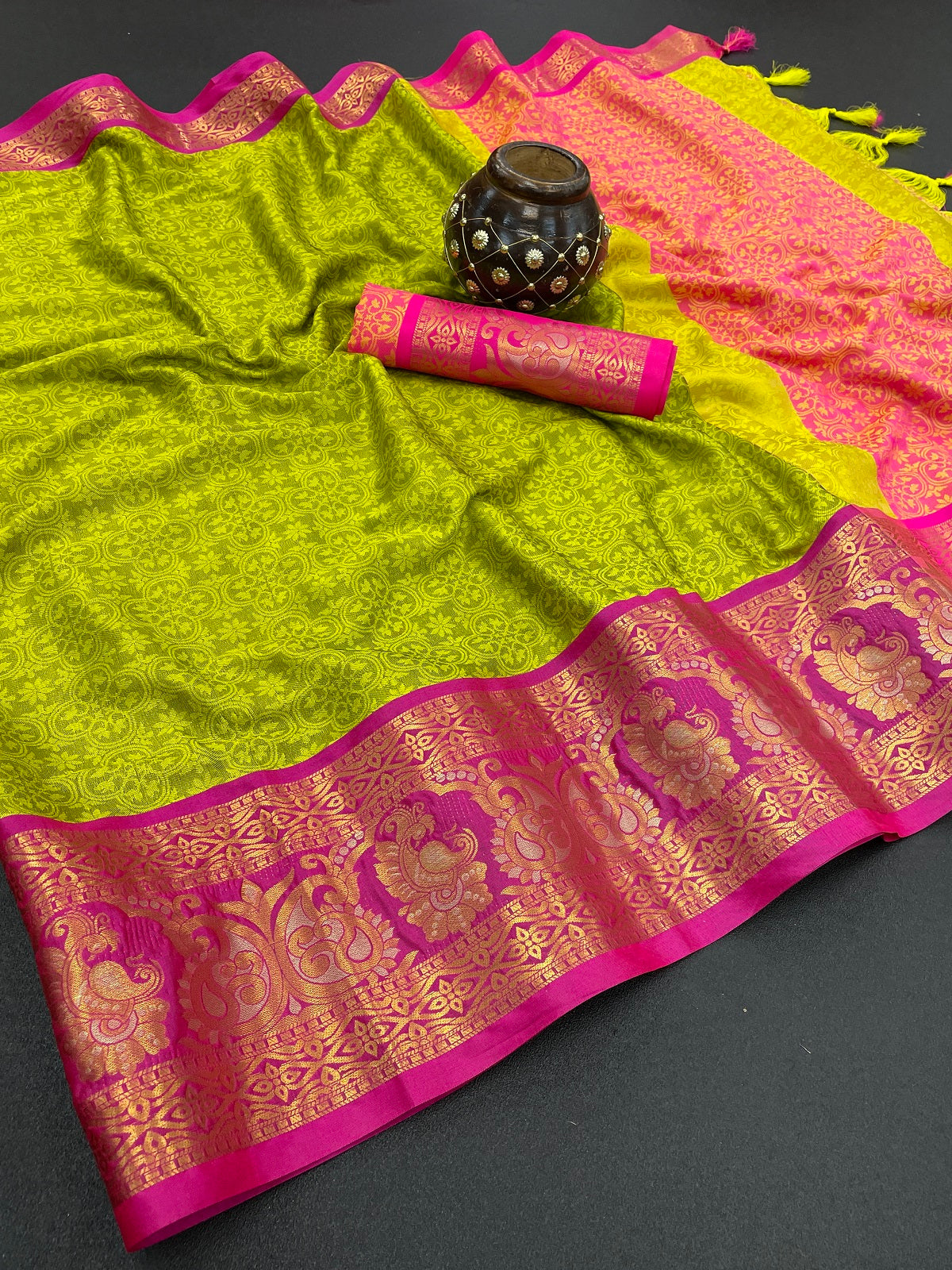 Lemon and Pink Varuni Kanjivaram Silk Saree