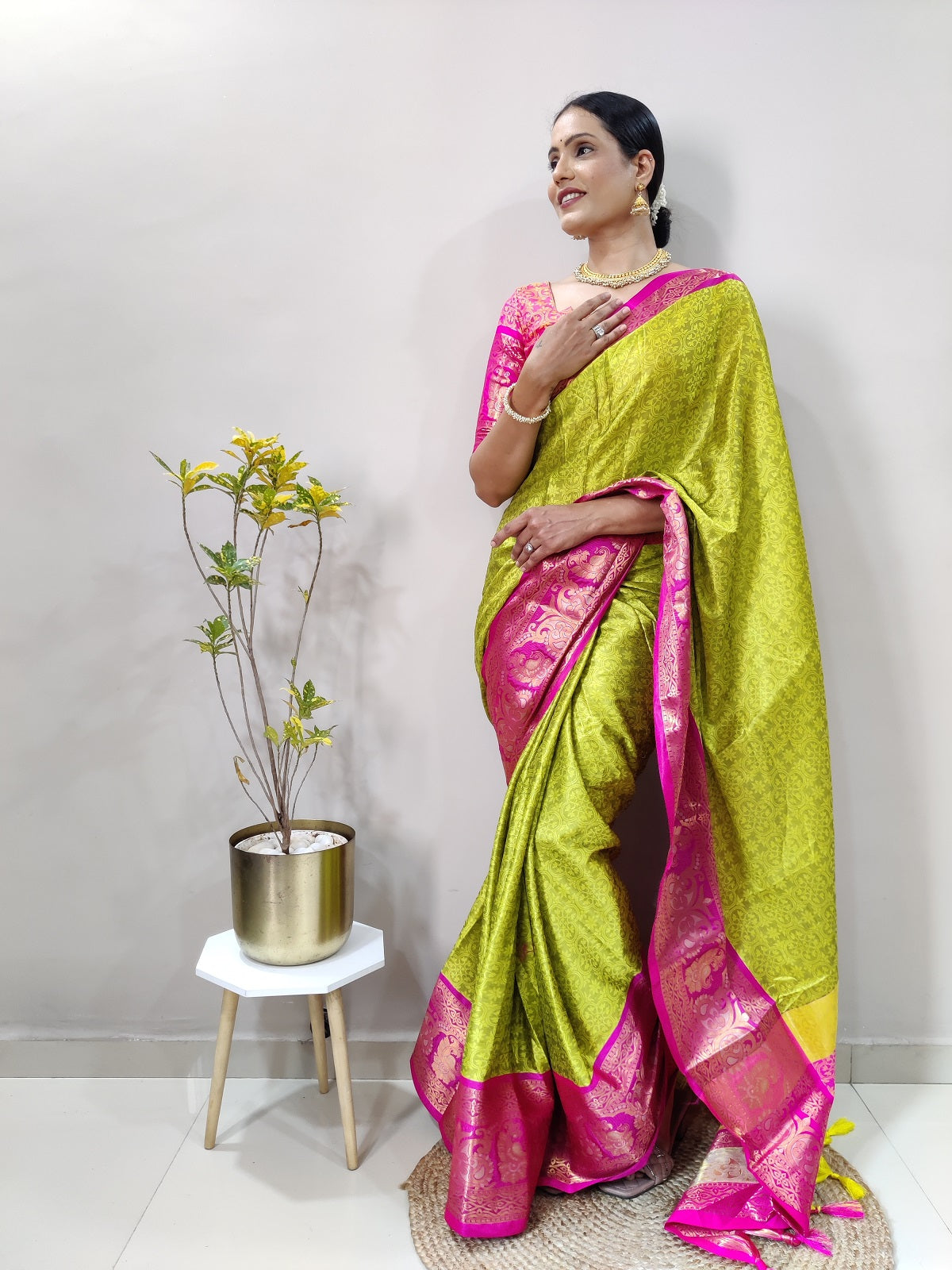 Lemon and Pink Varuni Kanjivaram Silk Saree