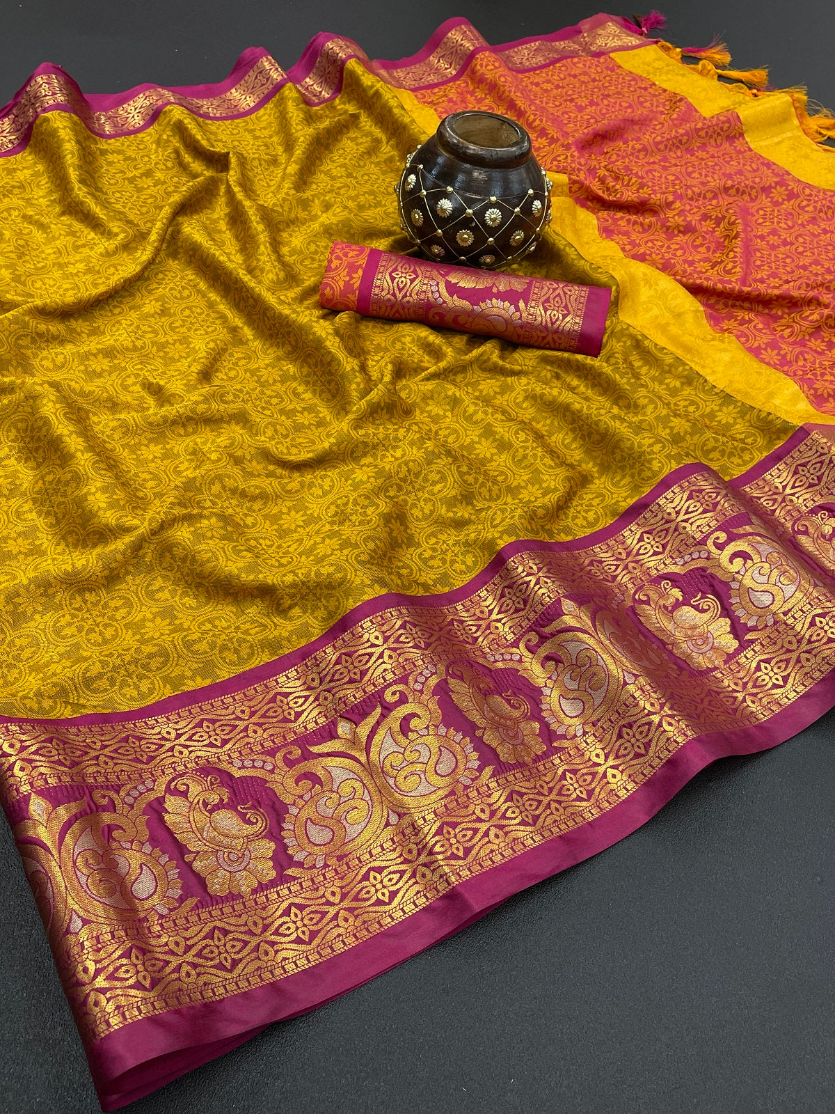 Mustard and Pink Varuni Kanjivaram Silk Saree