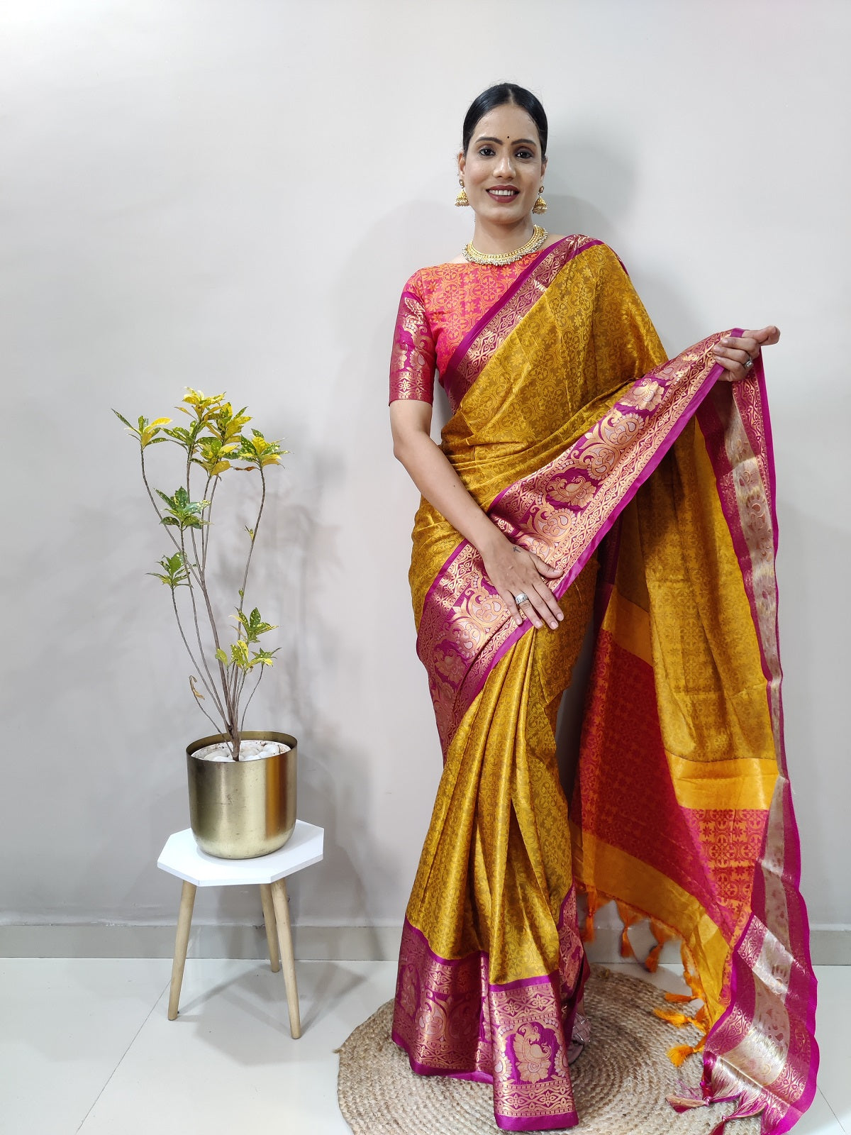 Mustard and Pink Varuni Kanjivaram Silk Saree