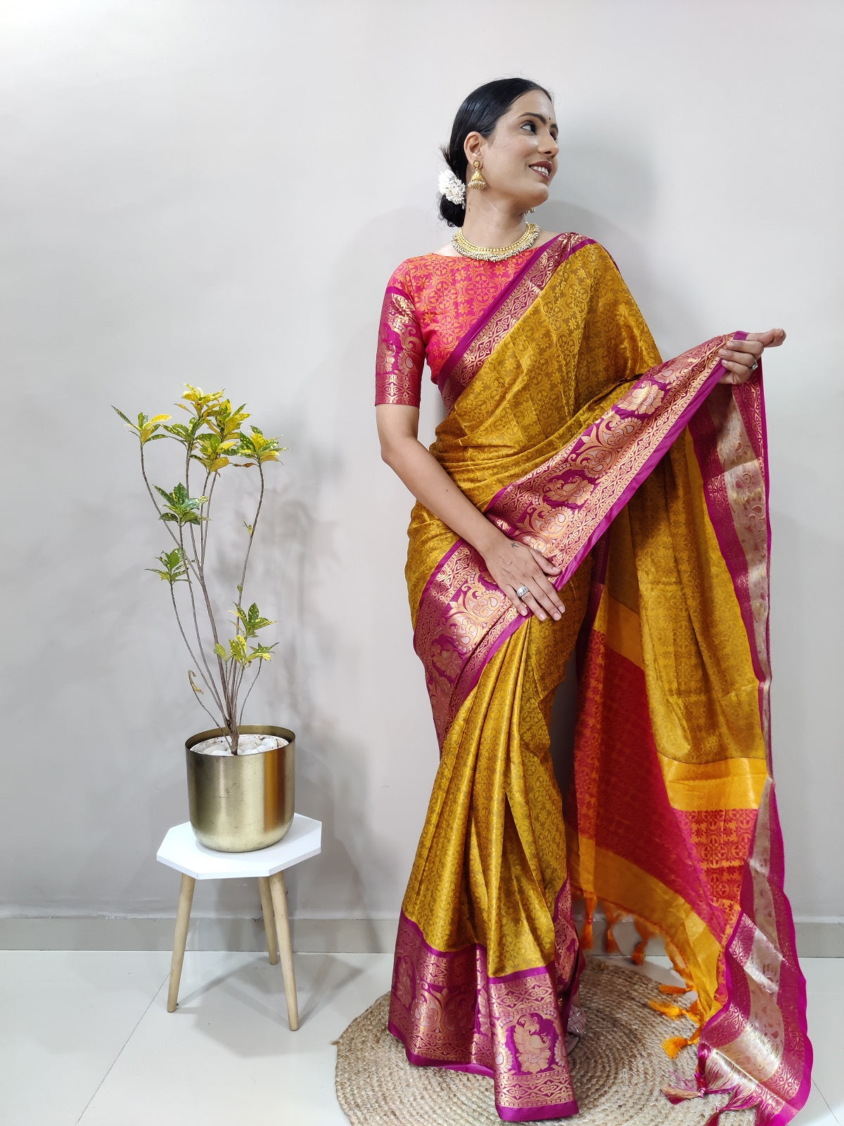 Mustard and Pink Varuni Kanjivaram Silk Saree