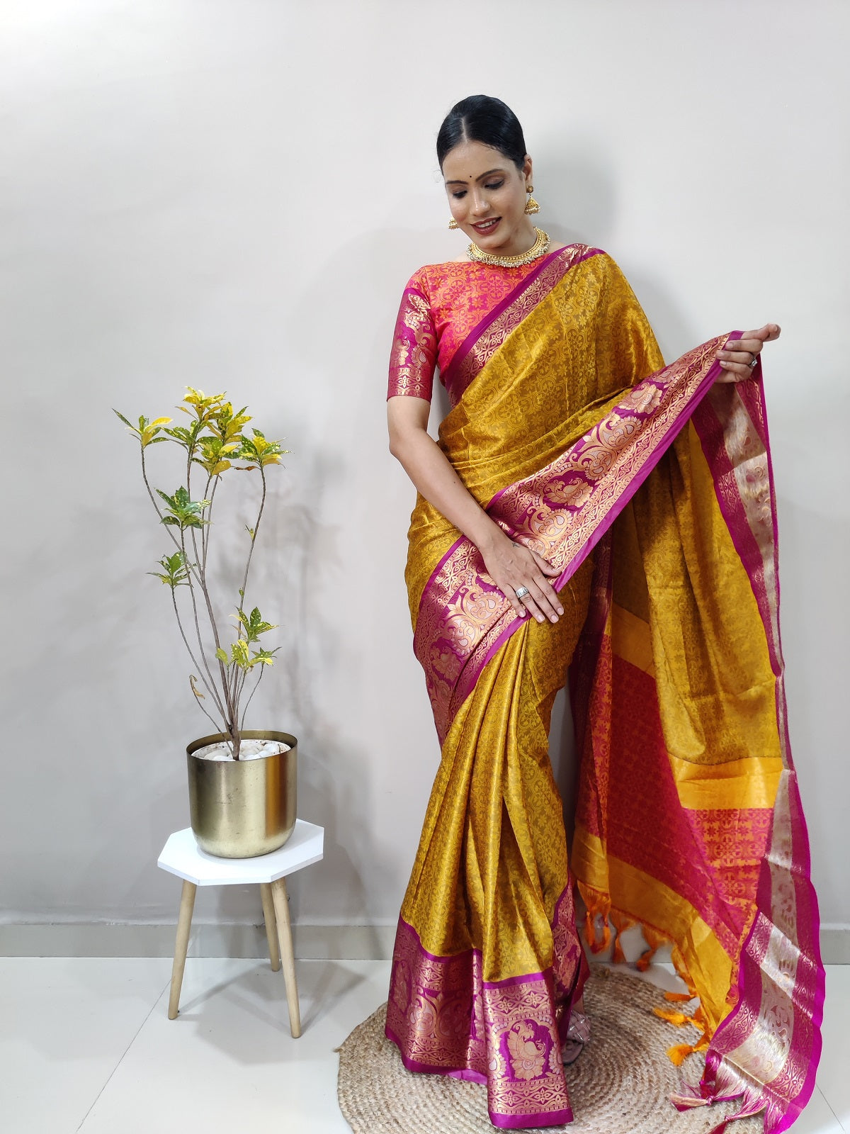 Mustard and Pink Varuni Kanjivaram Silk Saree