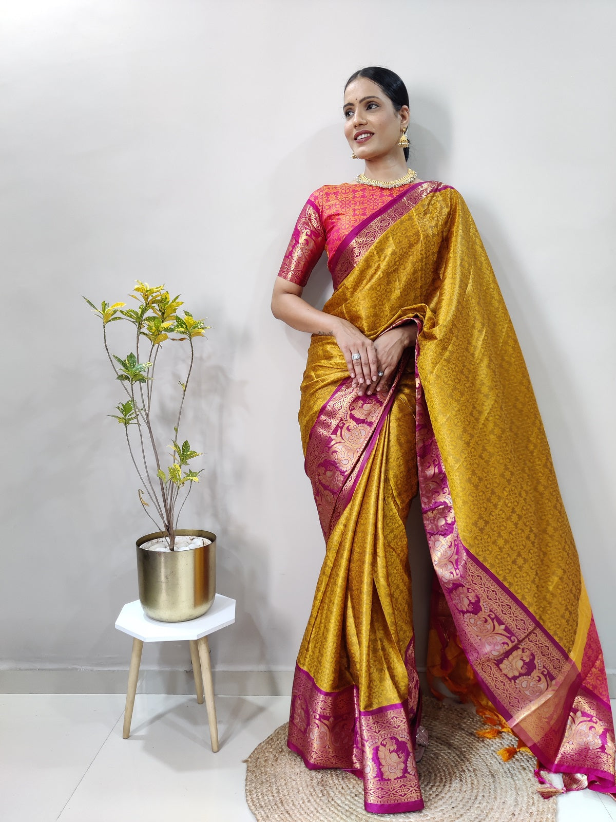 Mustard and Pink Varuni Kanjivaram Silk Saree