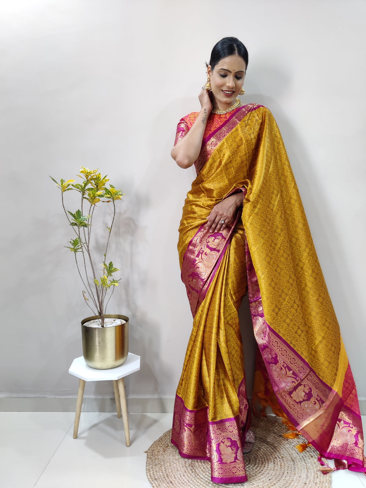 Mustard and Pink Varuni Kanjivaram Silk Saree