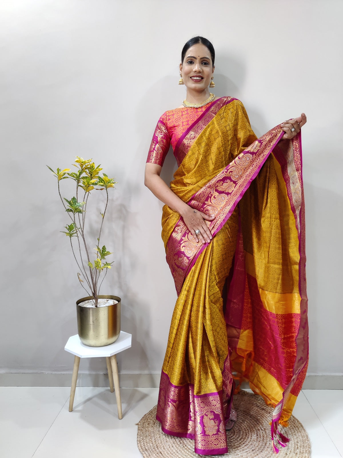 Mustard and Pink Varuni Kanjivaram Silk Saree