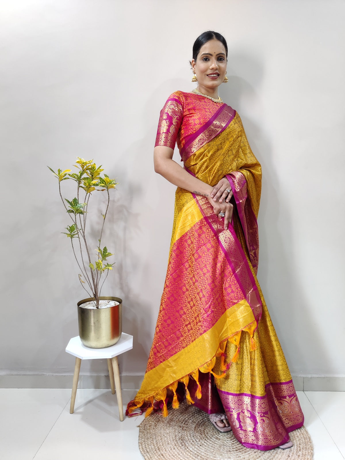 Mustard and Pink Varuni Kanjivaram Silk Saree