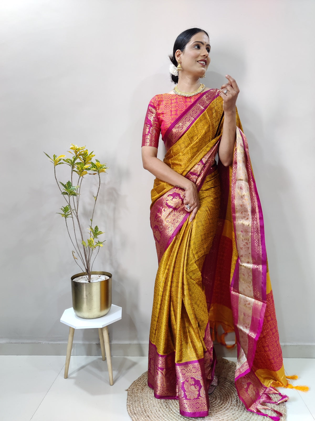 Mustard and Pink Varuni Kanjivaram Silk Saree