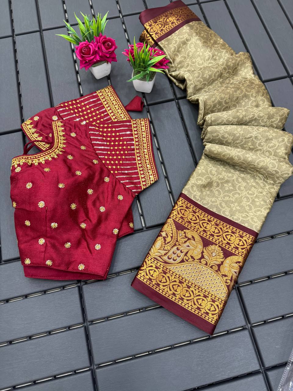 Chiku and Maroon Bhagini Cotton Saree