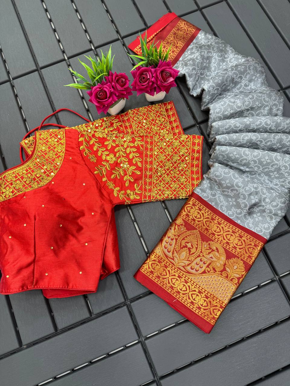 Grey and Red Bhagini Cotton Saree