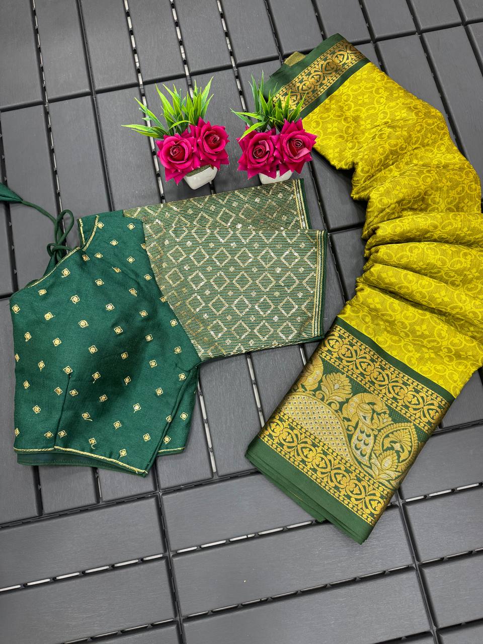 Lemon and Green Bhagini Cotton Saree