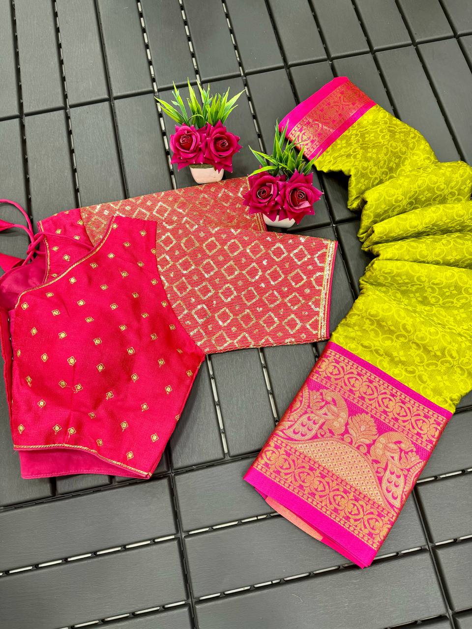 Lemon and Pink Bhagini Cotton Saree