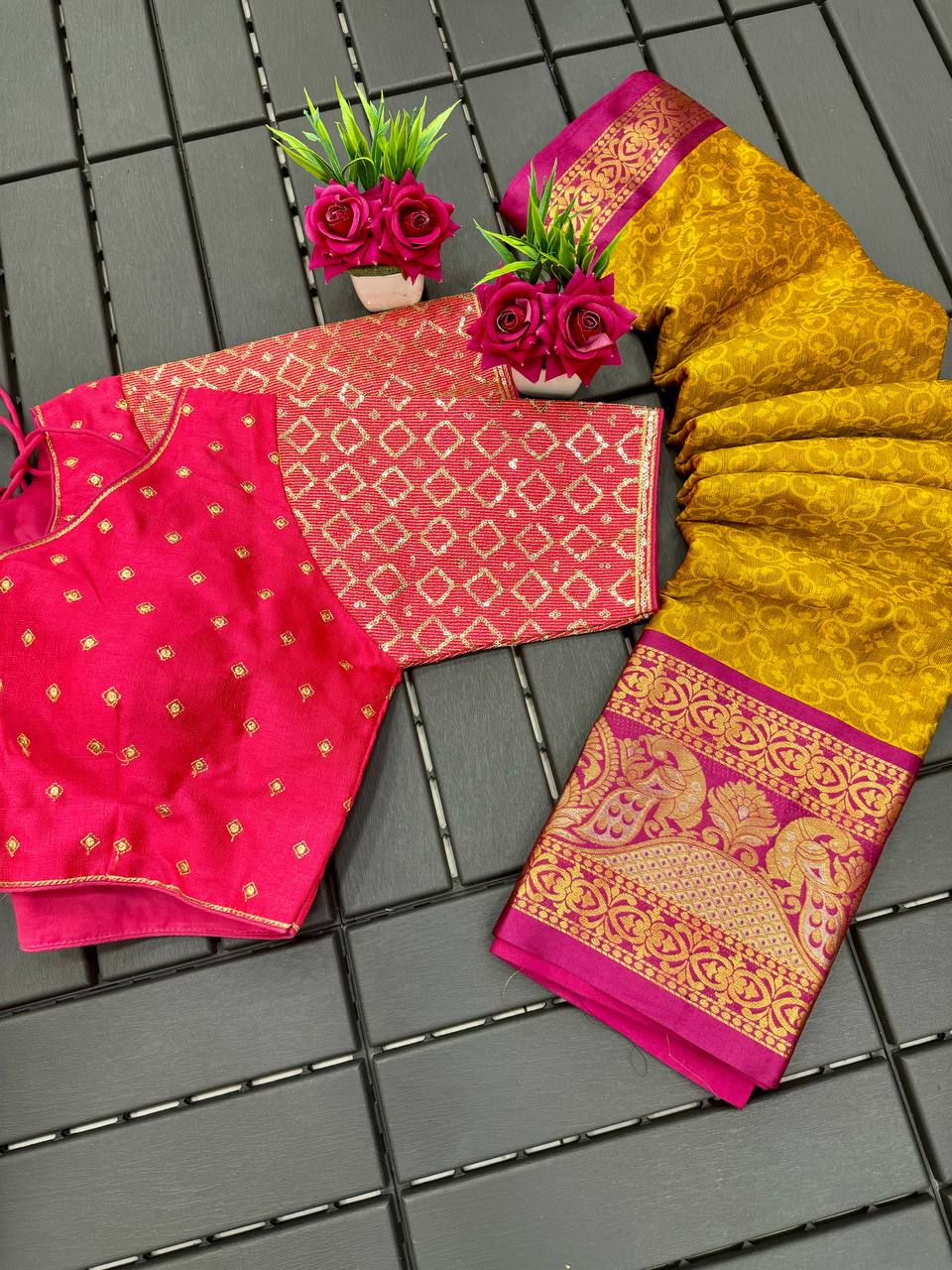 Mustard and Pink Bhagini Cotton Saree