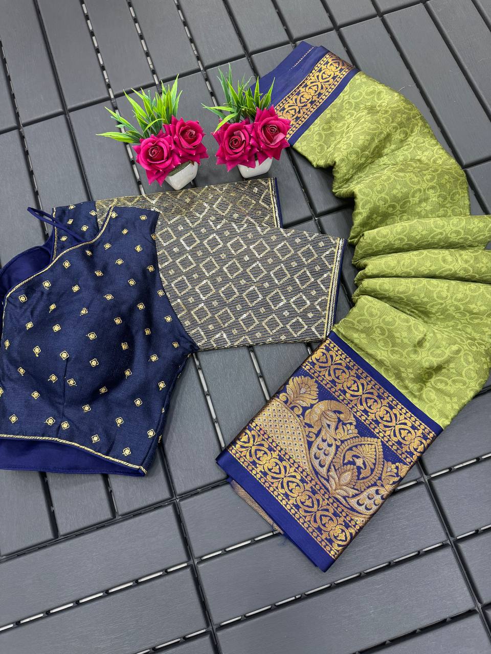 Pista and Blue Bhagini Cotton Saree