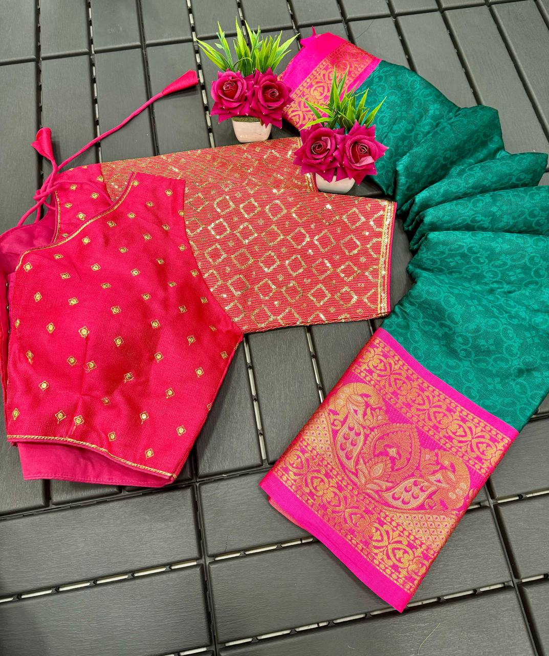 Rama and Pink Bhagini Cotton Saree