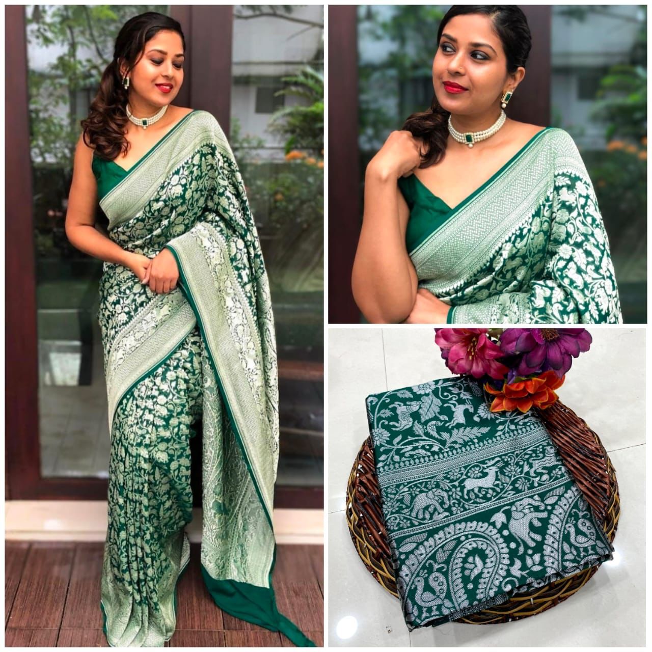 Dark Green Copper Design Vishvamitra Banarasi Silk Saree