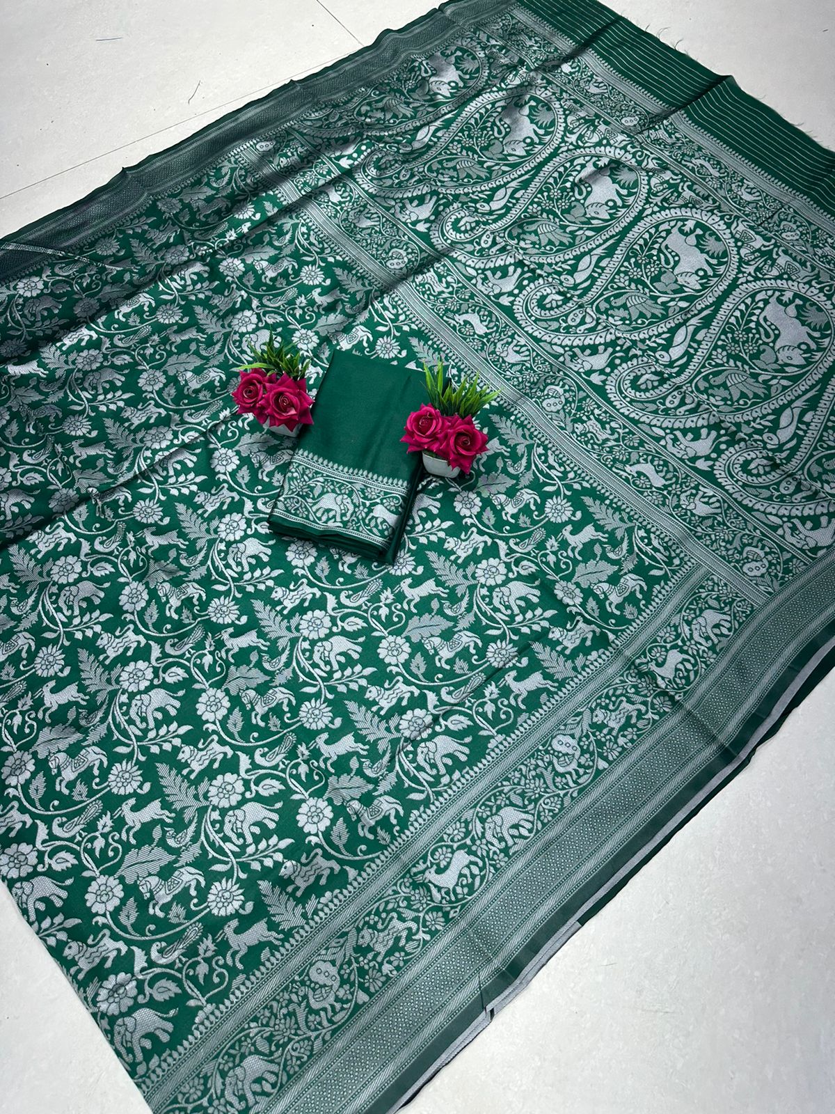 Dark Green Copper Design Vishvamitra Banarasi Silk Saree