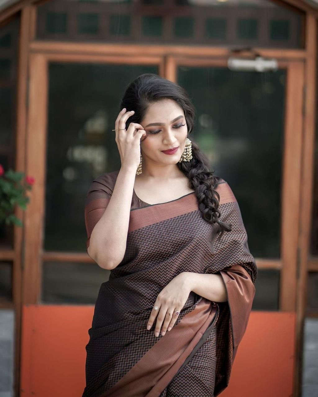 Brown Golden Design Boarder WaveBanarasi Silk Saree