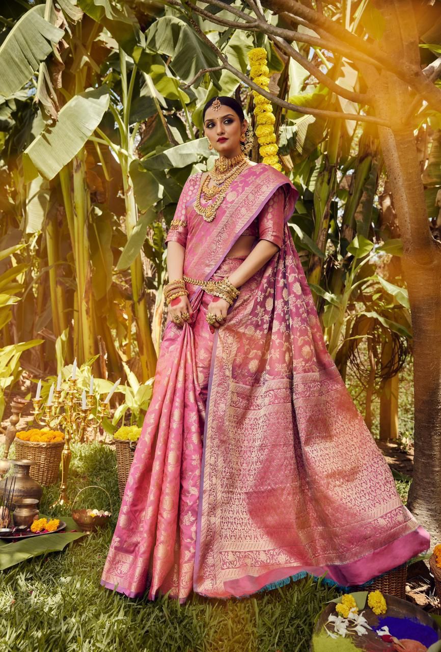 Light Pink Golden Design Boarder Famous Kanjivaram Silk Saree