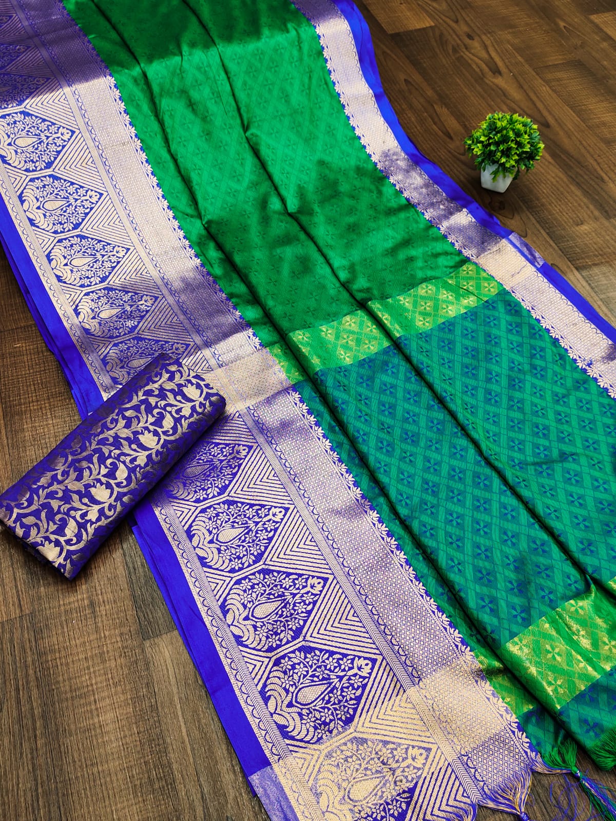 Green Blue Golden Design Marvel Cotton Silk Saree