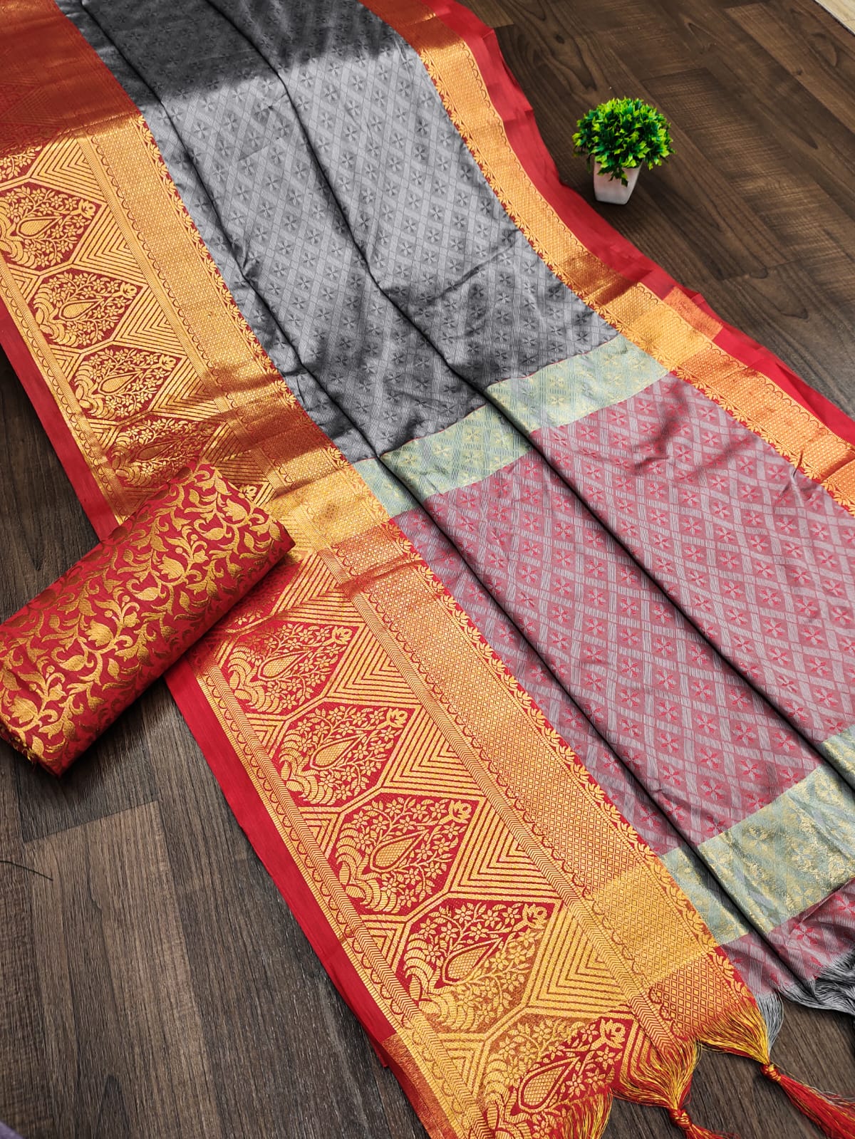 Grey Red Golden Design Marvel Cotton Silk Saree