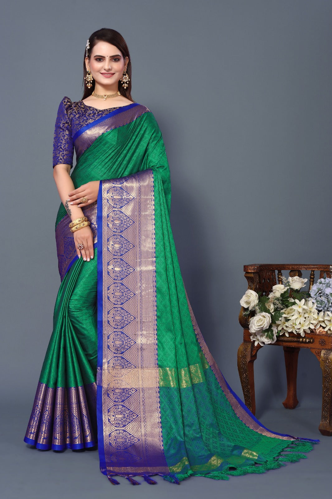 Green Blue Golden Design Marvel Cotton Silk Saree