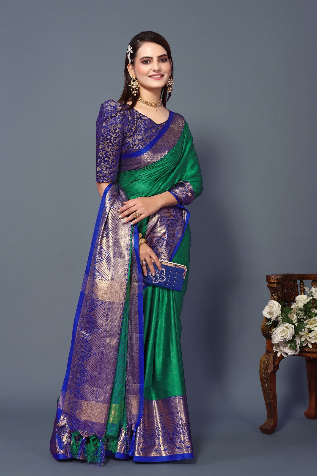 Green Blue Golden Design Marvel Cotton Silk Saree