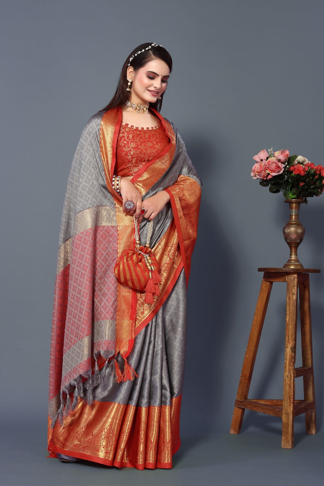 Grey Red Golden Design Marvel Cotton Silk Saree