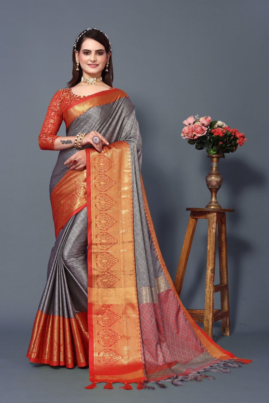 Grey Red Golden Design Marvel Cotton Silk Saree