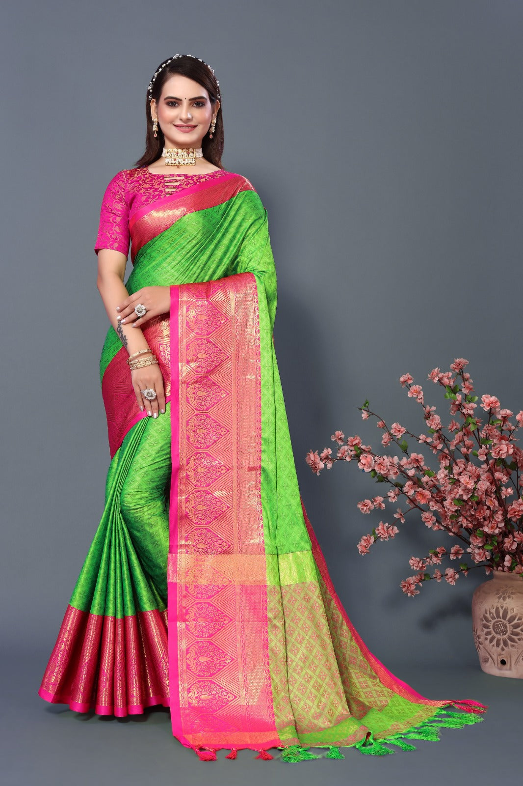 Perrot Pink Golden Design Marvel Cotton Silk Saree