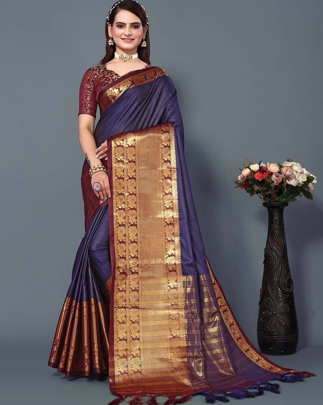 Navy Blue Brown Golden Design Kamini Cotton Silk Saree