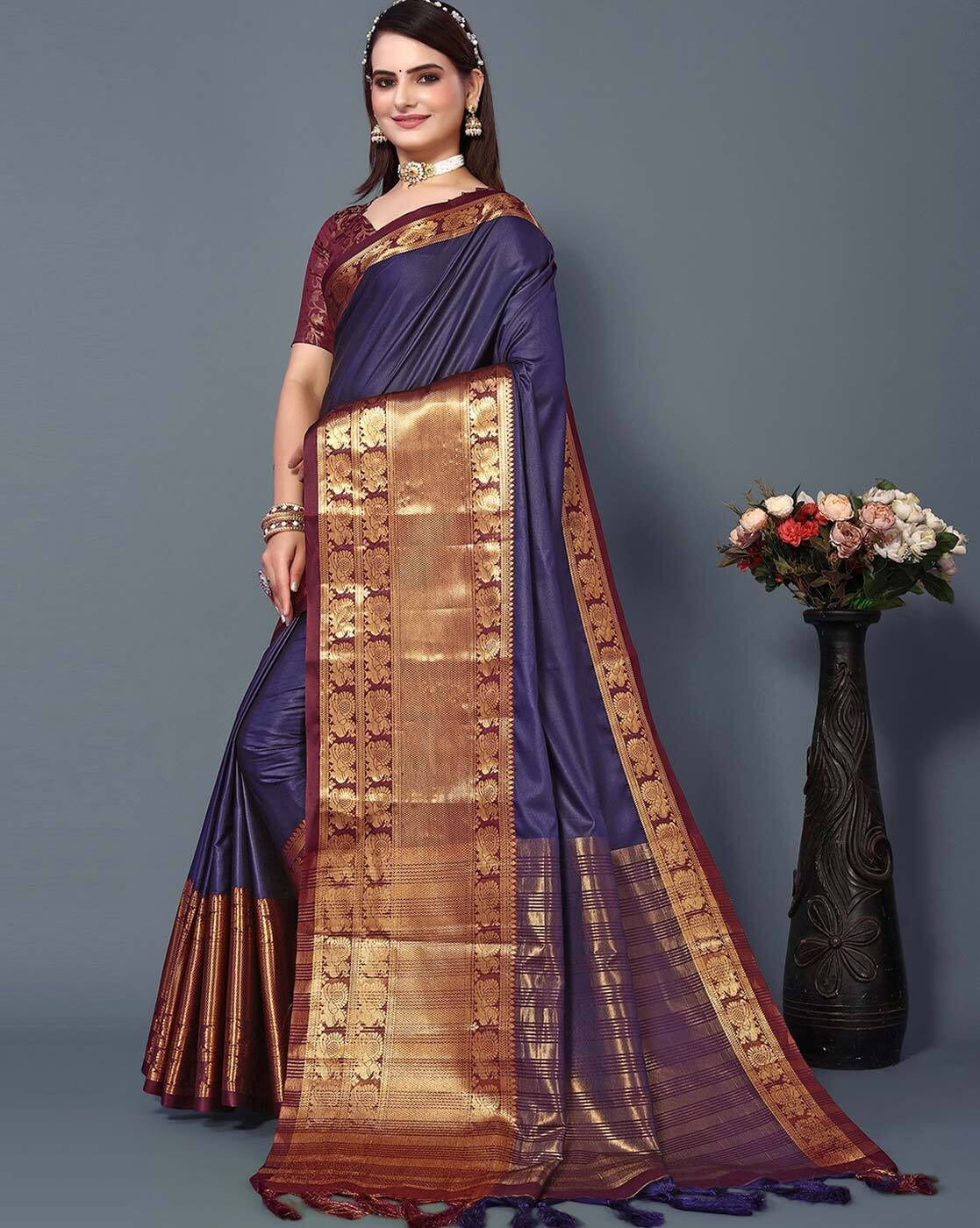 Navy Blue Brown Golden Design Kamini Cotton Silk Saree