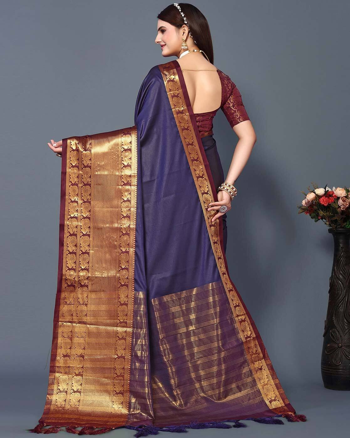 Navy Blue Brown Golden Design Kamini Cotton Silk Saree