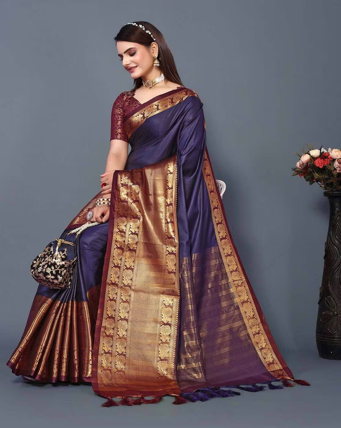 Navy Blue Brown Golden Design Kamini Cotton Silk Saree