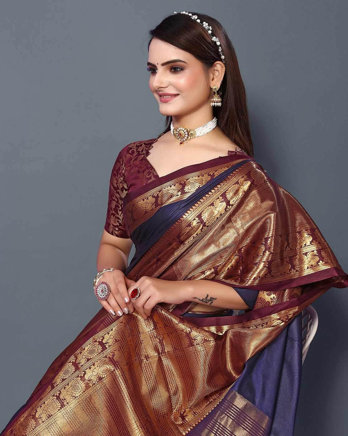 Navy Blue Brown Golden Design Kamini Cotton Silk Saree