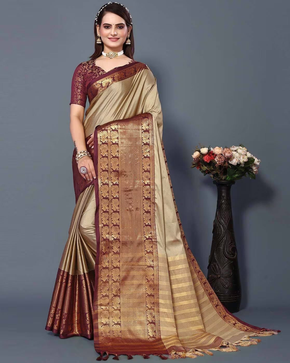 Beige Brown Golden Design Kamini Cotton Silk Saree