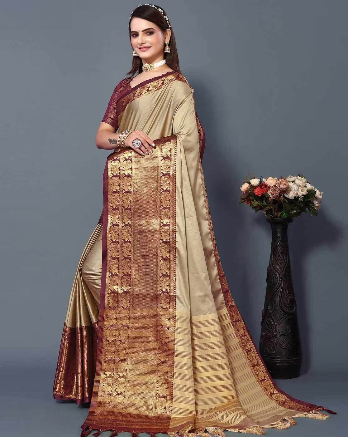 Beige Brown Golden Design Kamini Cotton Silk Saree