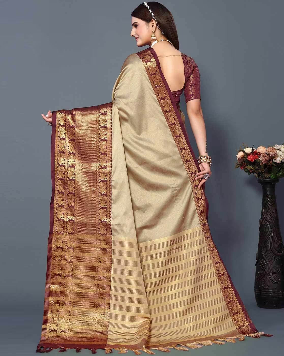 Beige Brown Golden Design Kamini Cotton Silk Saree