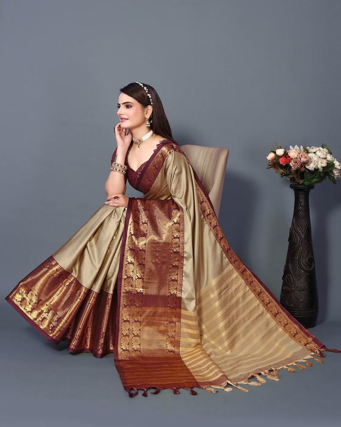 Beige Brown Golden Design Kamini Cotton Silk Saree