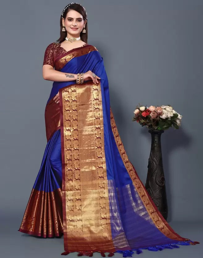 Royal Blue Brown Golden Design Kamini Cotton Silk Saree