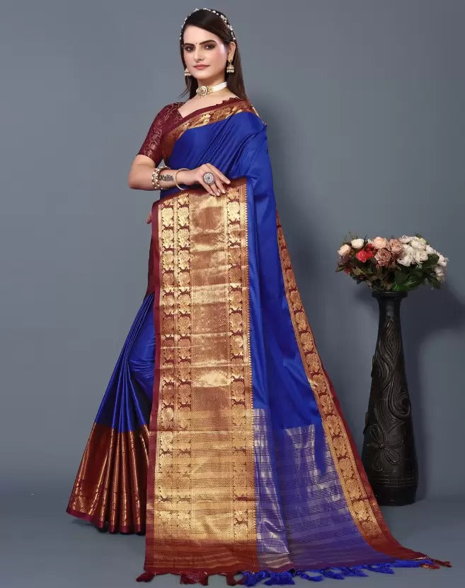 Royal Blue Brown Golden Design Kamini Cotton Silk Saree